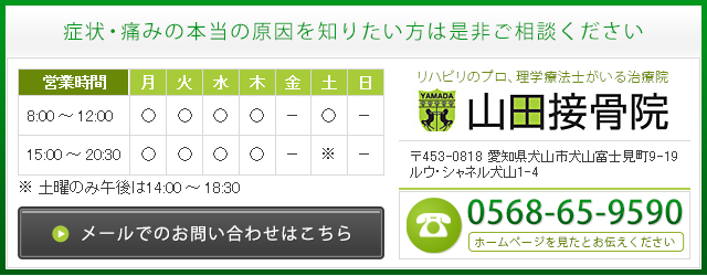 山田接骨院営業時間8:00～12:00 15:00～20:30　愛知県犬山市犬山富士見町9-19 ルウ・シャネル犬山1-4 電話番号 0568-65-9590